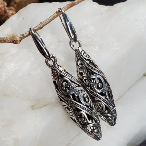 Free People Jewelry Silver Earrings Floral Filigree Bullet Pendan Boho - Picture 3 of 8